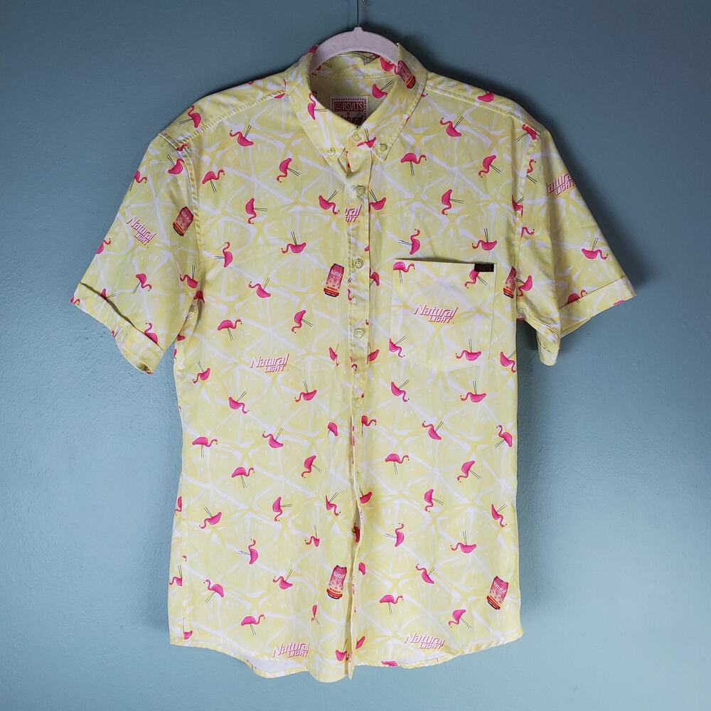 RSVLTS X Natural Light Mens Yellow Flamingo Button Up Short Sleeve Shirt Size M